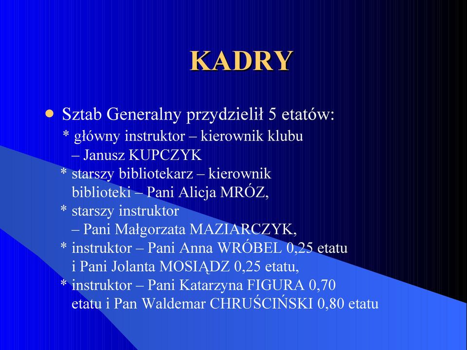 Pani Małgorzata MAZIARCZYK, * instruktor Pani Anna WRÓBEL 0,25 etatu i Pani Jolanta MOSIĄDZ