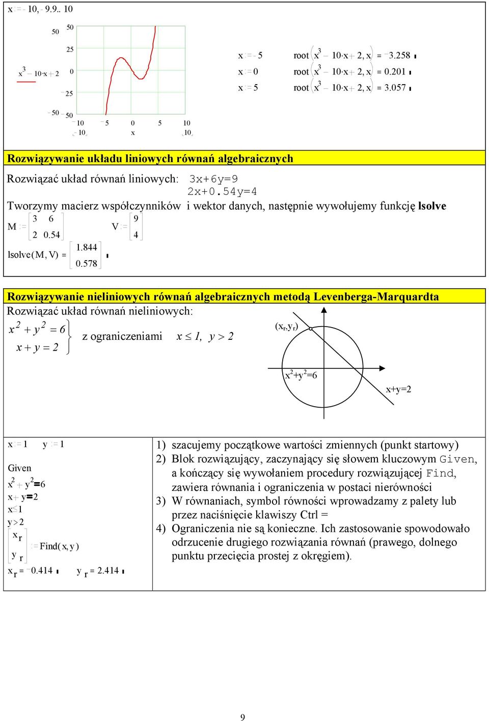 578 V 9 Rozwiązywanie nieliniowych równań algebraicznych metodą Levenberga-Marquardta Rozwiązać układ równań nieliniowych: x + y = 6 (x r,y r ) z ograniczeniami x, y > x + y = x +y =6 x+y= x y Given