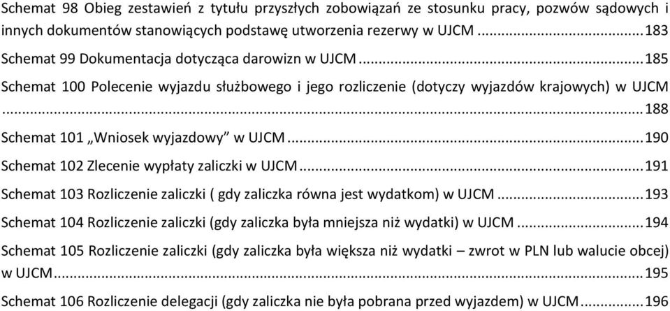 .. 188 Schemat 101 Wniosek wyjazdowy w UJCM... 190 Schemat 102 Zlecenie wypłaty zaliczki w UJCM... 191 Schemat 103 Rozliczenie zaliczki ( gdy zaliczka równa jest wydatkom) w UJCM.
