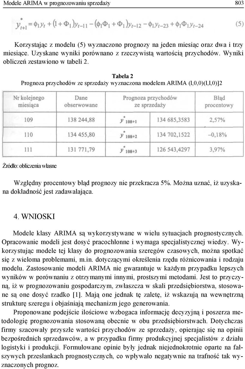 Tabela 2 Prognoza przychodów ze sprzedaży wyznaczona modelem ARIMA (l,0,0)(l,l,0)]2 Żródło: obliczenia własne Względny procentowy błąd prognozy nie przekracza 5%.