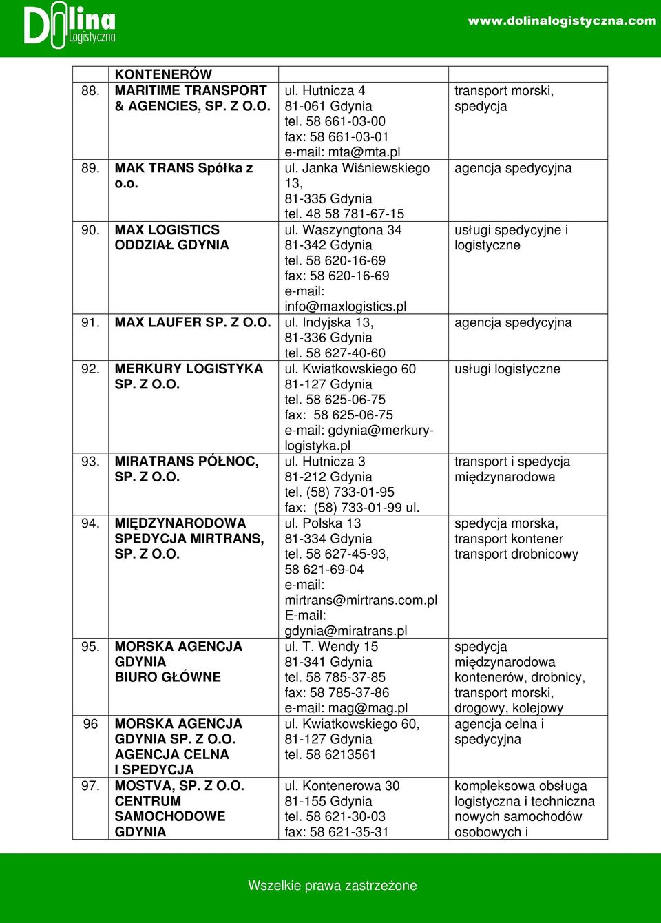 92 MERKURY LOGISTYKA SP Z OO 93 MIRATRANS PÓŁNOC, SP Z OO 94 MIĘDZYNARODOWA SPEDYCJA MIRTRANS, SP Z OO 95 MORSKA AGENCJA GDYNIA BIURO GŁÓWNE 96 MORSKA AGENCJA GDYNIA SP Z OO AGENCJA CELNA I SPEDYCJA