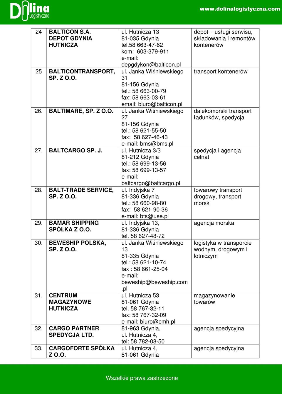 699-13-56 fax: 58 699-13-57 28 BALT-TRADE SERVICE, SP Z OO 29 BAMAR SHIPPING SPÓŁKA Z OO 30 BEWESHIP POLSKA, SP Z OO 31 CENTRUM MAGAZYNOWE HUTNICZA 32 CARGO PARTNER SPEDYCJA LTD 33 CARGOFORTE SPÓŁKA