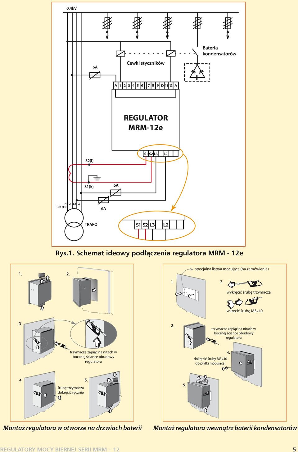 11 12 A REGULATOR MRM-12e L2 N L1 L2 L3 TRAFO L2 Rys.1. Schemat ideowy podłączenia regulatora MRM - 12e specjalna listwa mocująca (na zamówienie)