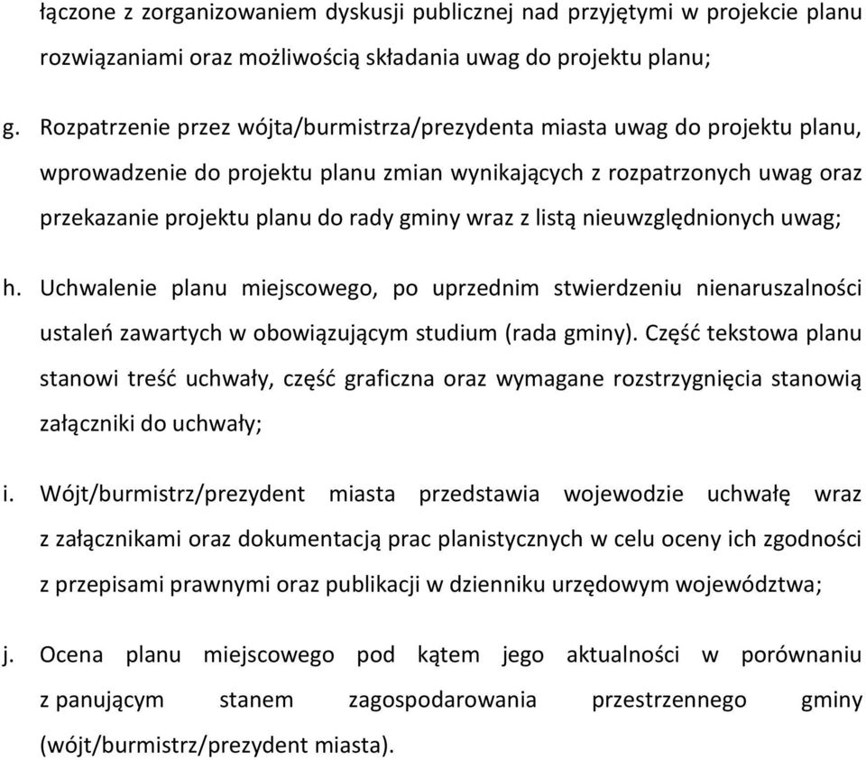 z listą nieuwzględnionych uwag; h. Uchwalenie planu miejscowego, po uprzednim stwierdzeniu nienaruszalności ustaleń zawartych w obowiązującym studium (rada gminy).