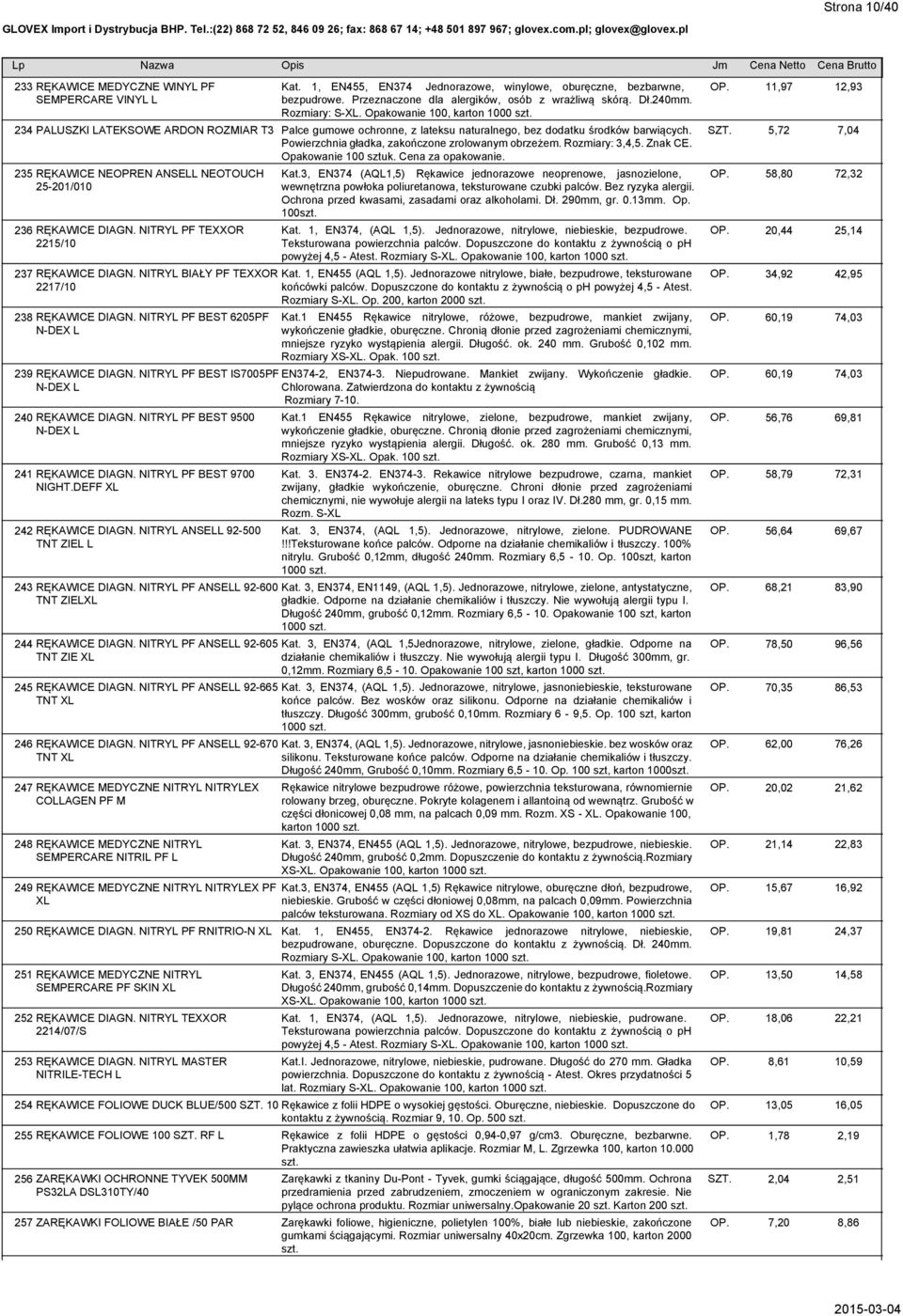 5,72 7,04 Powierzchnia gładka, zakończone zrolowanym obrzeżem. Rozmiary: 3,4,5. Znak CE. Opakowanie 100 sztuk. Cena za opakowanie. 235 RĘKAWICE NEOPREN ANSELL NEOTOUCH 25-201/010 236 RĘKAWICE DIAGN.