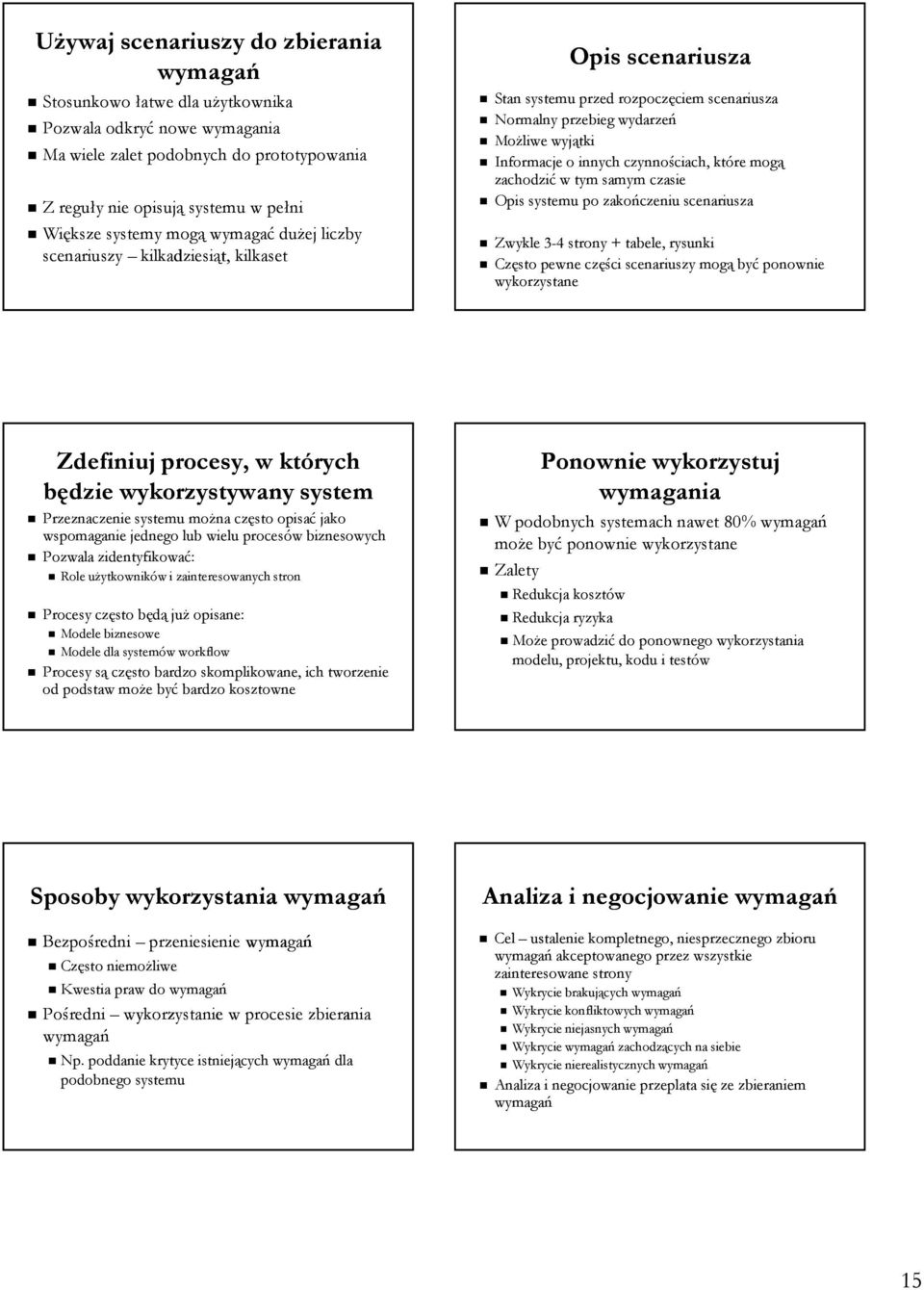 które mogą zachodzić w tym samym czasie Opis systemu po zakończeniu scenariusza Zwykle 3-4 strony + tabele, rysunki Często pewne części scenariuszy mogą być ponownie wykorzystane Zdefiniuj procesy, w