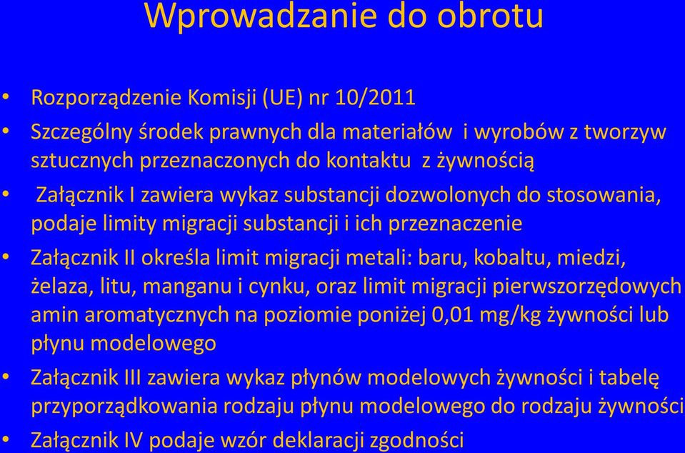 metali: baru, kobaltu, miedzi, żelaza, litu, manganu i cynku, oraz limit migracji pierwszorzędowych amin aromatycznych na poziomie poniżej 0,01 mg/kg żywności lub płynu