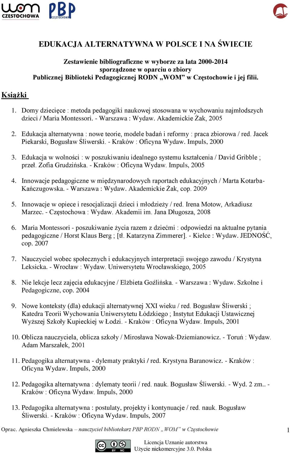 Edukacja alternatywna : nowe teorie, modele badań i reformy : praca zbiorowa / red. Jacek Piekarski, Bogusław Śliwerski. - Kraków : Oficyna Wydaw. Impuls, 2000 3.