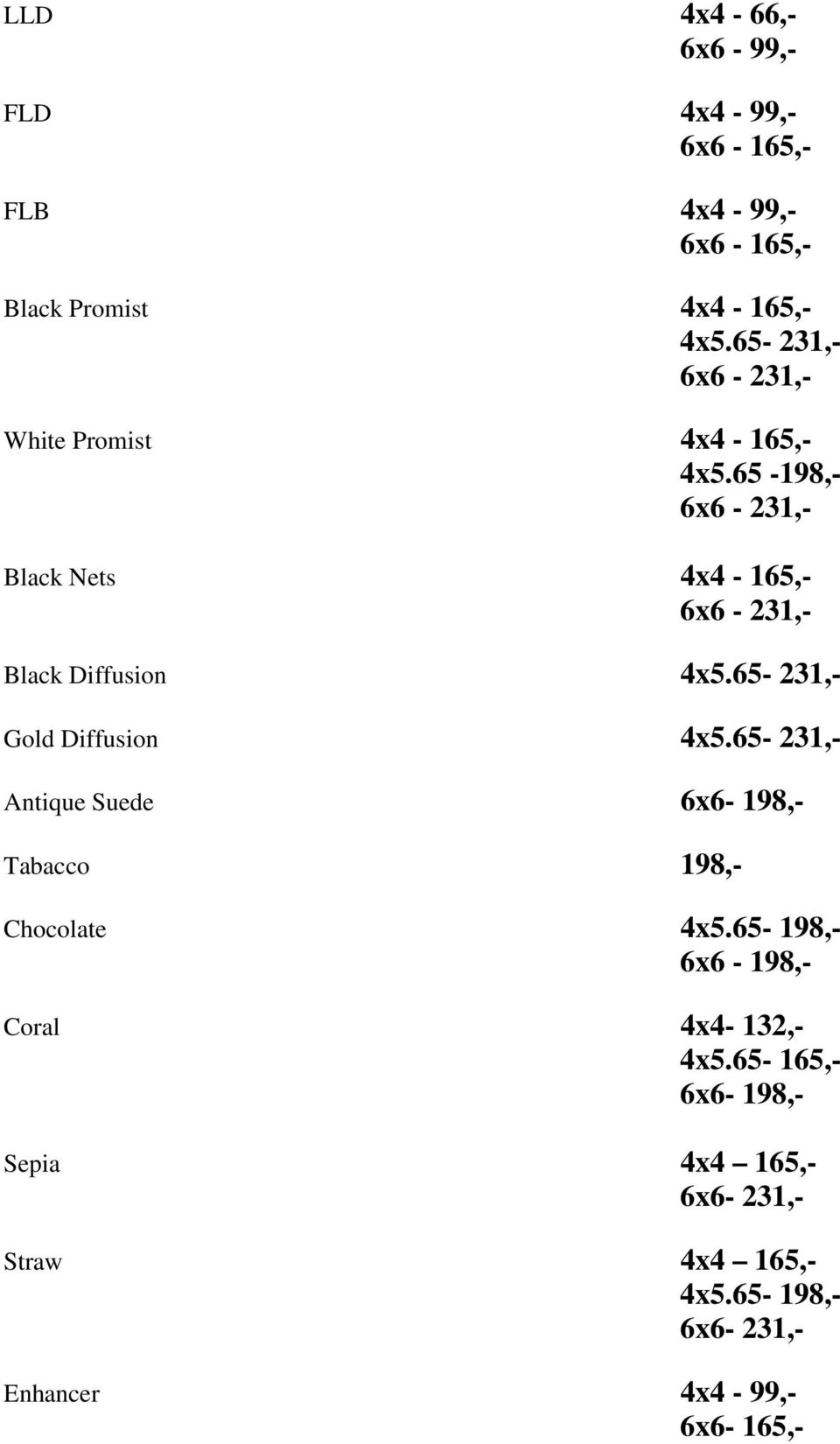 65-198,- 6x6-231,- Black Nets 4x4-165,- 6x6-231,- Black Diffusion 4x5.65-231,- Gold Diffusion 4x5.