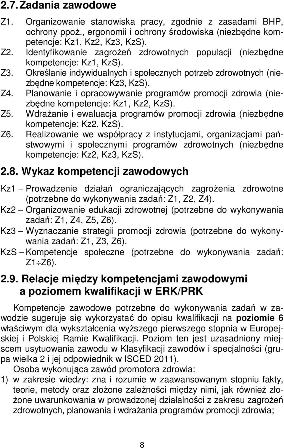 Planowanie i opracowywanie programów promocji zdrowia (niezbędne kompetencje: Kz1, Kz2, KzS). Z5. Wdrażanie i ewaluacja programów promocji zdrowia (niezbędne kompetencje: Kz2, KzS). Z6.