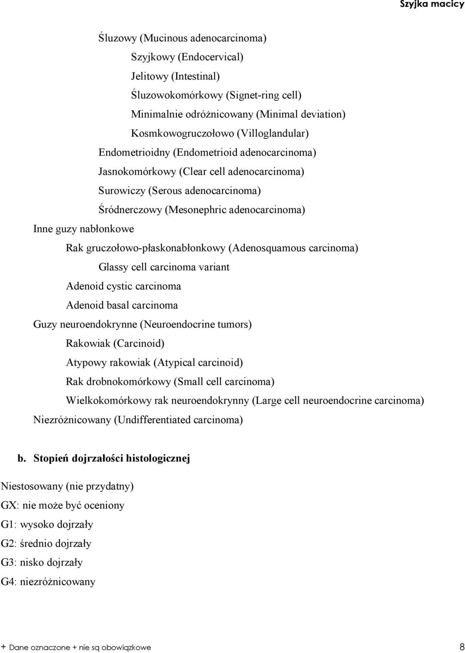 gruczołowo-płaskonabłonkowy (Adenosquamous carcinoma) Glassy cell carcinoma variant Adenoid cystic carcinoma Adenoid basal carcinoma Guzy neuroendokrynne (Neuroendocrine tumors) Rakowiak (Carcinoid)