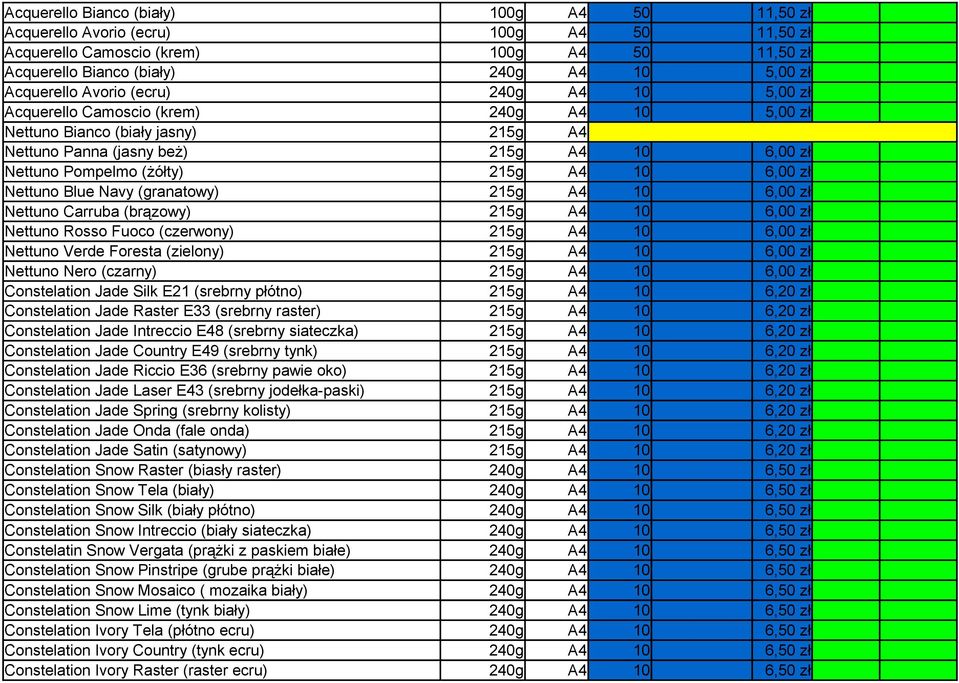 Silk E21 (srebrny płótno) Constelation Jade Raster E33 (srebrny raster) Constelation Jade Intreccio E48 (srebrny siateczka) Constelation Jade Country E49 (srebrny tynk) Constelation Jade Riccio E36