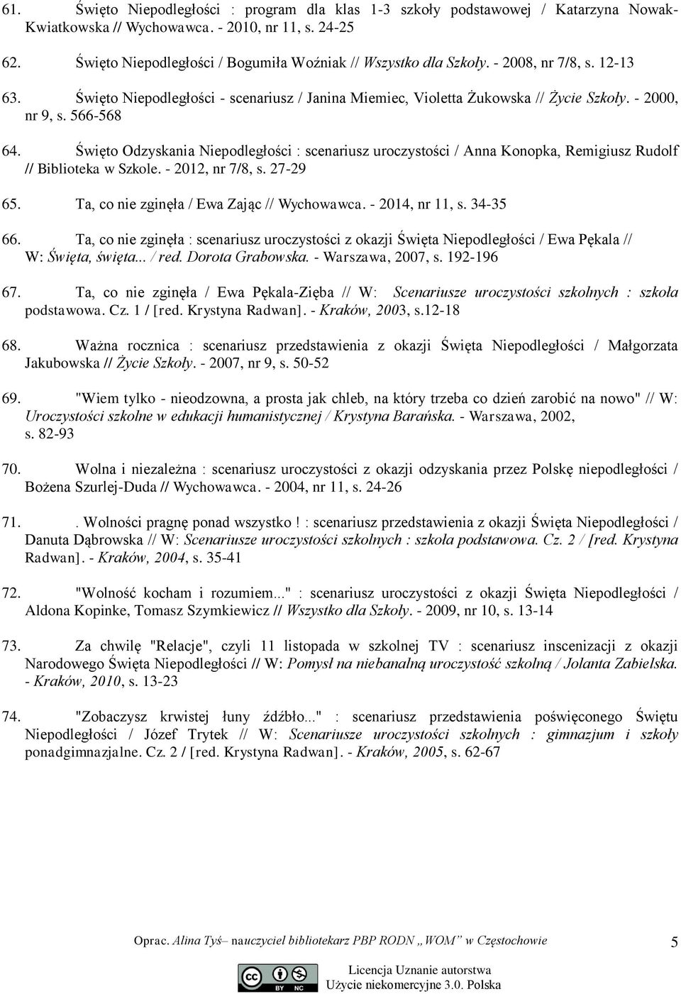 566-568 64. Święto Odzyskania Niepodległości : scenariusz uroczystości / Anna Konopka, Remigiusz Rudolf // Biblioteka w Szkole. - 2012, nr 7/8, s. 27-29 65.