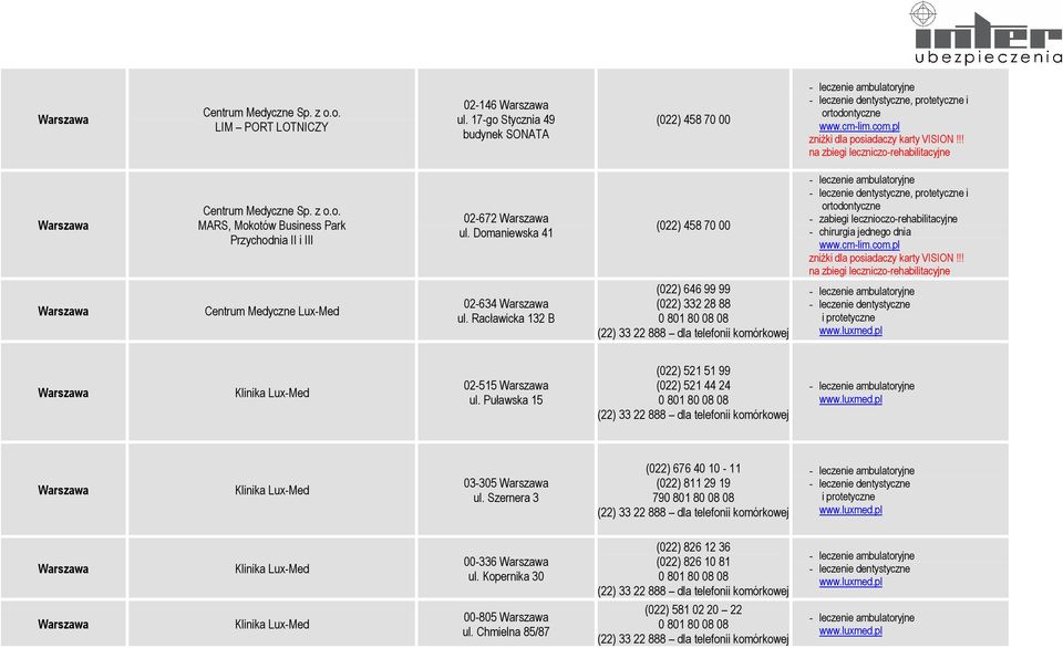 Racławicka 132 B (022) 646 99 99 (022) 332 28 88 0 801 80 08 08 02-515 ul. Puławska 15 (022) 521 51 99 (022) 521 44 24 0 801 80 08 08 03-305 ul.