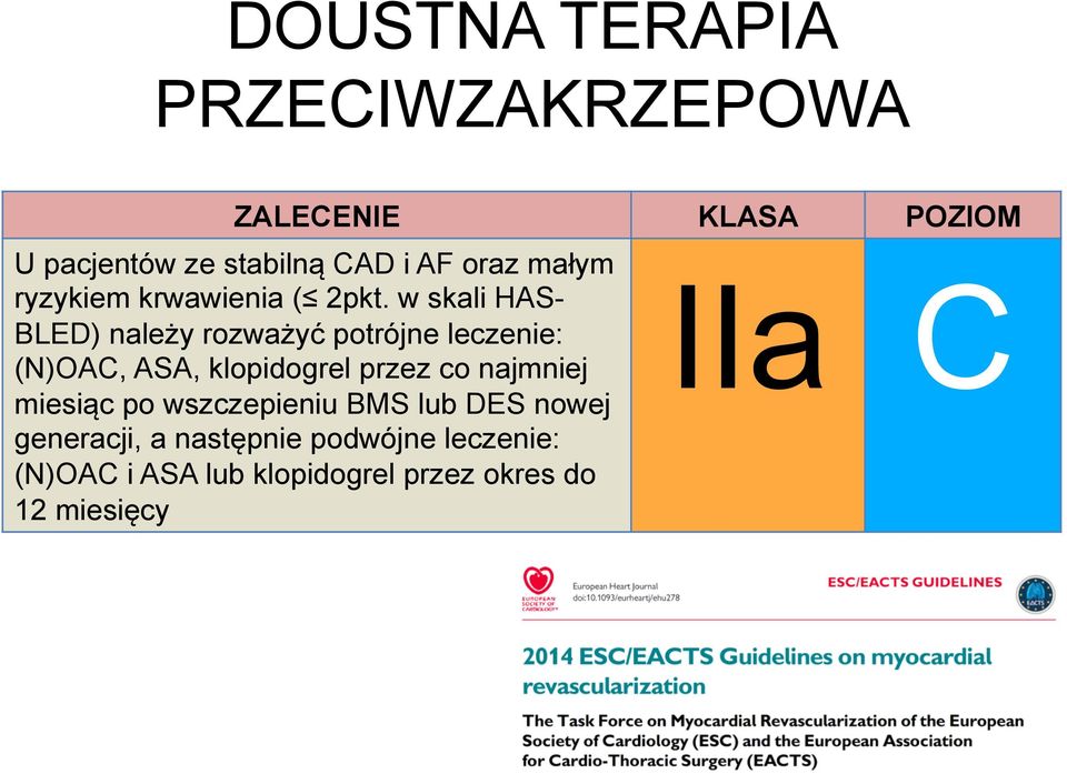 w skali HAS- BLED) należy rozważyć potrójne leczenie: (N)OAC, ASA, klopidogrel przez co