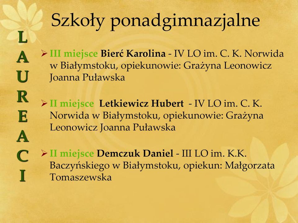 orwida w Białymstoku, opiekunowie: Grażyna Leonowicz Joanna Puławska miejsce Letkiewicz