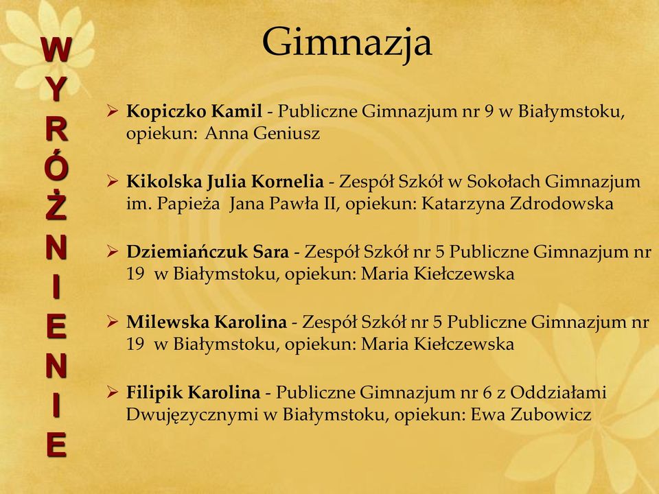 Papieża Jana Pawła, opiekun: Katarzyna Zdrodowska Dziemiańczuk Sara - Zespół Szkół nr 5 Publiczne Gimnazjum nr 19 w Białymstoku,