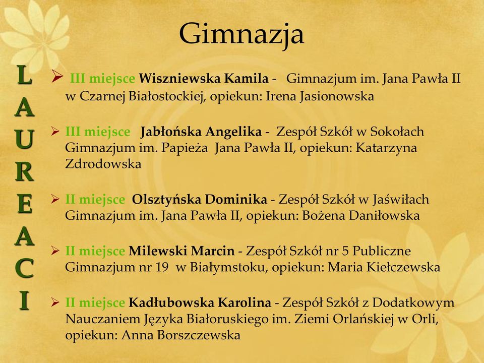 Papieża Jana Pawła, opiekun: Katarzyna Zdrodowska miejsce Olsztyńska Dominika - Zespół Szkół w Jaświłach Gimnazjum im.