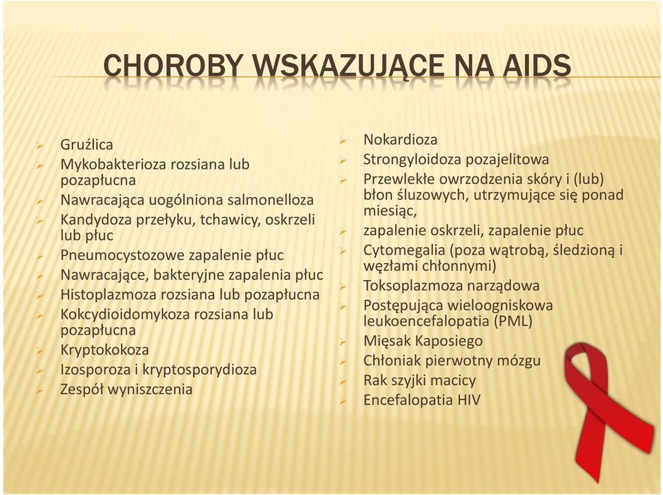 wyniszczenia Nokardioza Strongyloidoza pozajelitowa Przewlekłe owrzodzenia skóry i (lub) błon śluzowych, utrzymujące się ponad miesiąc, zapalenie oskrzeli, zapalenie płuc Cytomegalia