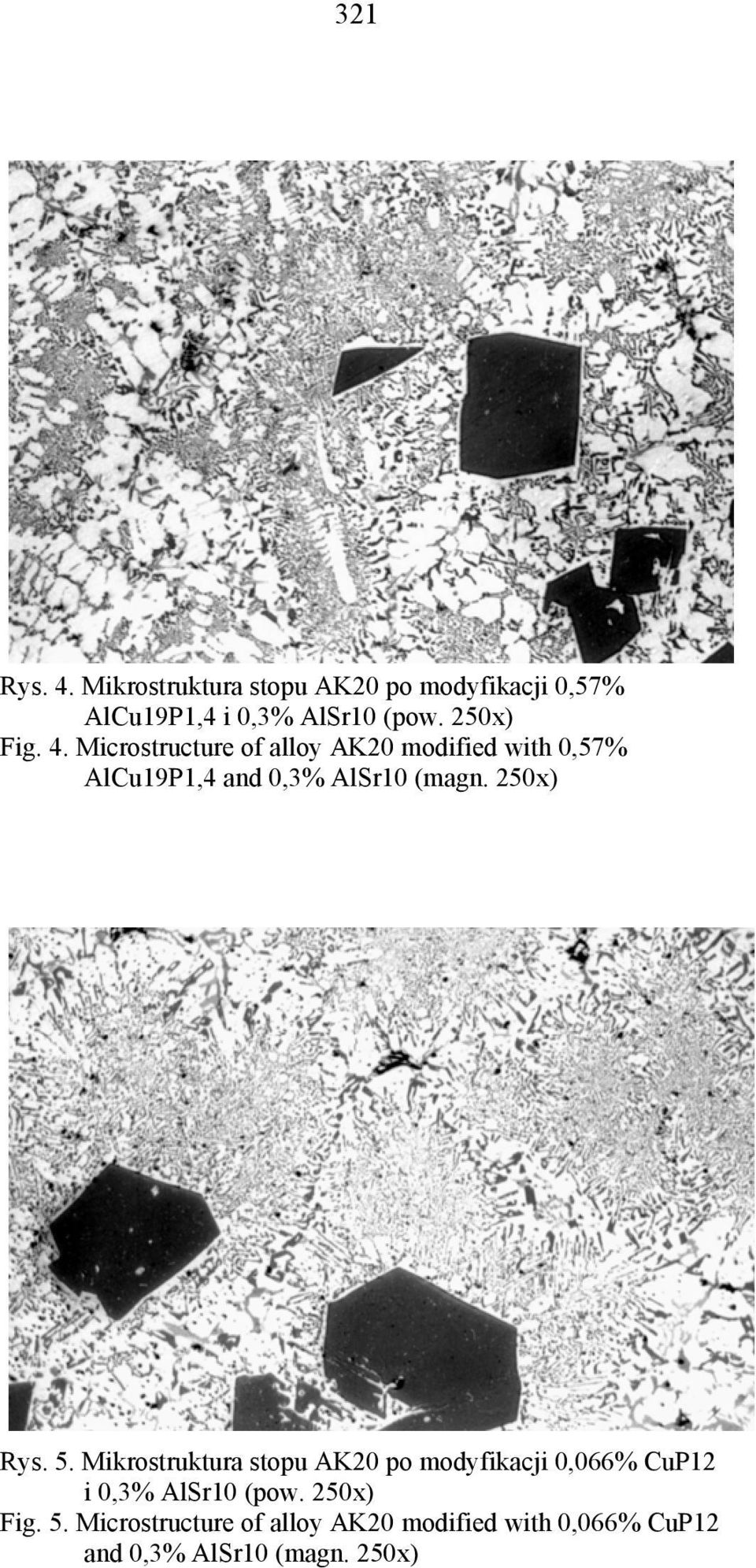 Microstructure of alloy AK20 modified with 0,57% AlCu19P1,4 and 0,3% AlSr10 (magn. 250x) Rys.