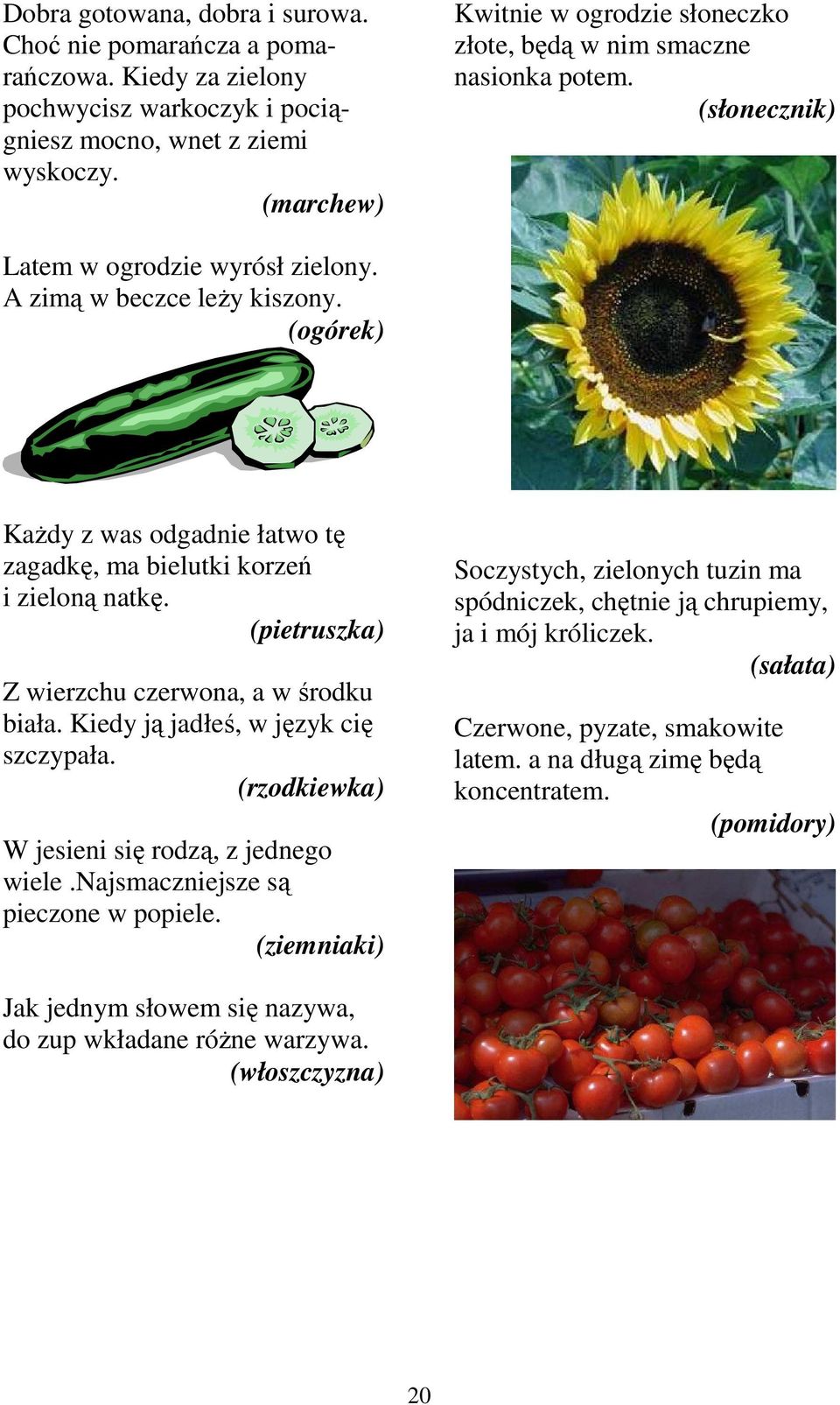 (ogórek) Każdy z was odgadnie łatwo tę zagadkę, ma bielutki korzeń i zieloną natkę. (pietruszka) Z wierzchu czerwona, a w środku biała. Kiedy ją jadłeś, w język cię szczypała.