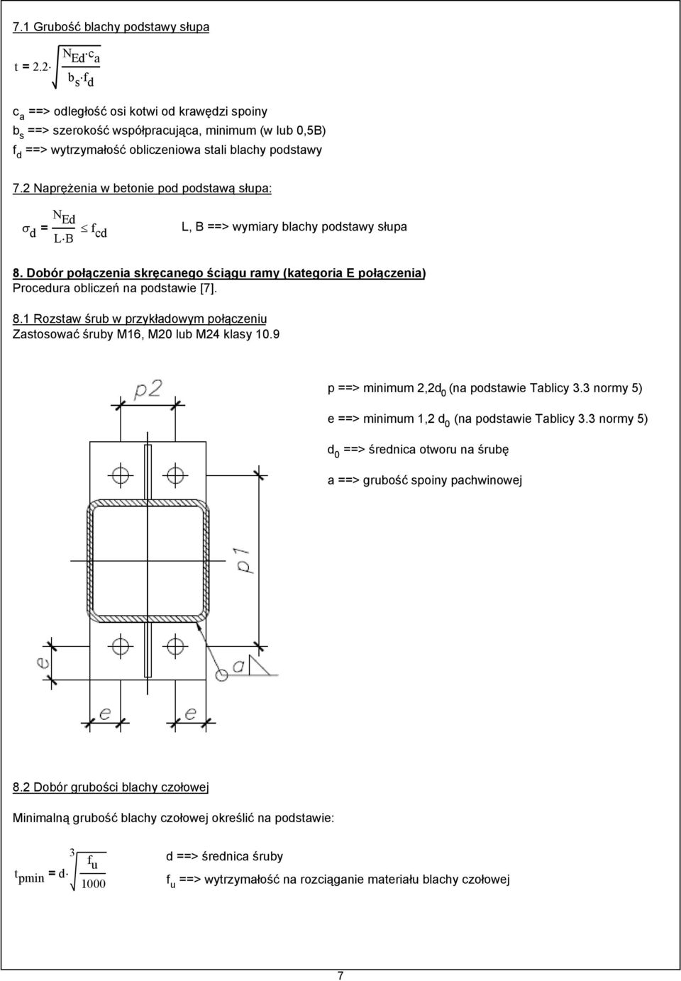 Naprężenia w betonie pod podstawą słupa: σ d = f LB cd L, B ==> wymiary blachy podstawy słupa 8. Dobór połączenia skręcanego ściągu ramy (kategoria E połączenia) Procedura obliczeń na podstawie [7].