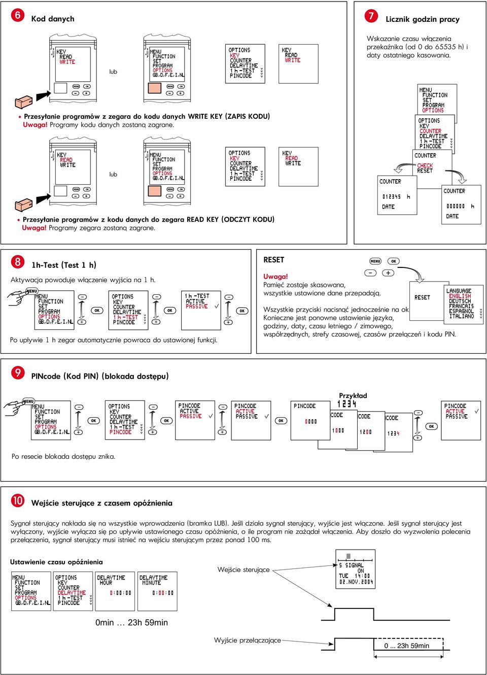 H 1h-Test (Test 1 h) Aktywacja powoduje włączenie wyjścia na 1 h. Po upływie 1 h zegar automatycznie powraca do ustawionej funkcji. RESET Uwaga!