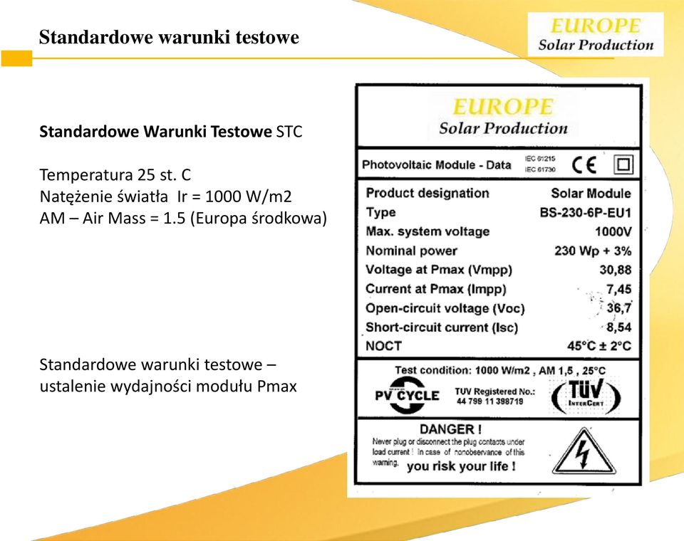 C Natężenie światła Ir = 1000 W/m2 AM Air Mass = 1.