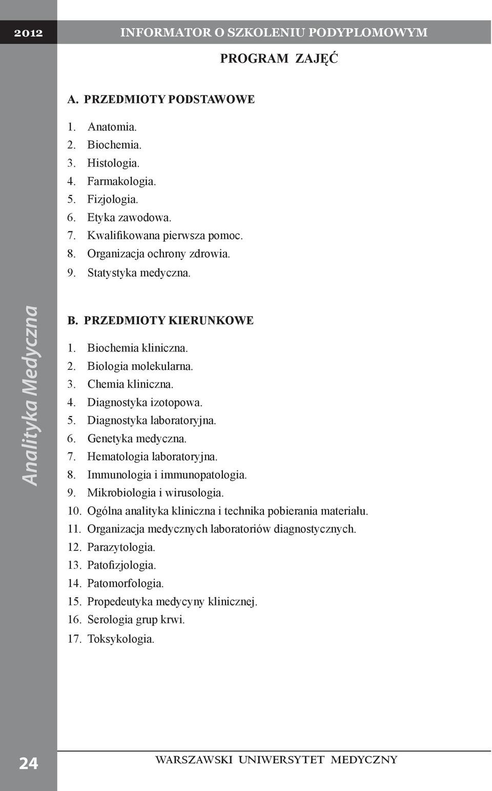 Diagnostyka laboratoryjna. 6. Genetyka medyczna. 7. Hematologia laboratoryjna. 8. Immunologia i immunopatologia. 9. Mikrobiologia i wirusologia. 10.
