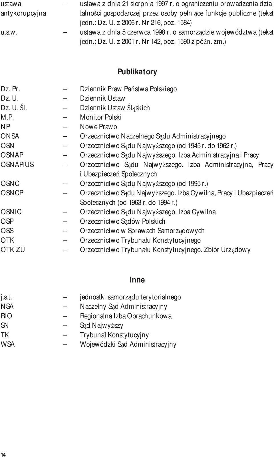 U. Śl. Dziennik Ustaw Śląskich M.P. Monitor Polski NP Nowe Prawo ONSA Orzecznictwo Naczelnego Sądu Administracyjnego OSN Orzecznictwo Sądu Najwyższego (od 1945 r. do 1962 r.