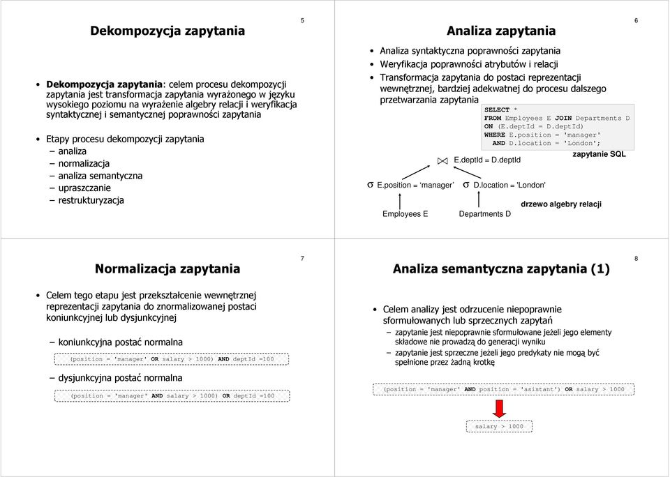 Transformacja do postaci reprezentacji wewnętrznej, bardziej adekwatnej do procesu dalszego przetwarzania E.position = manager Employees E E.deptId = D.