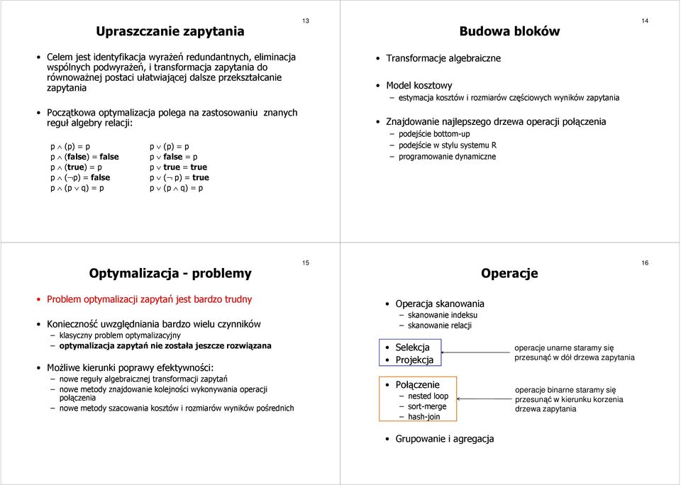 Transformacje algebraiczne Model kosztowy estymacja kosztów i rozmiarów częściowych wyników Znajdowanie najlepszego drzewa operacji połączenia podejście bottom-up podejście w stylu systemu R