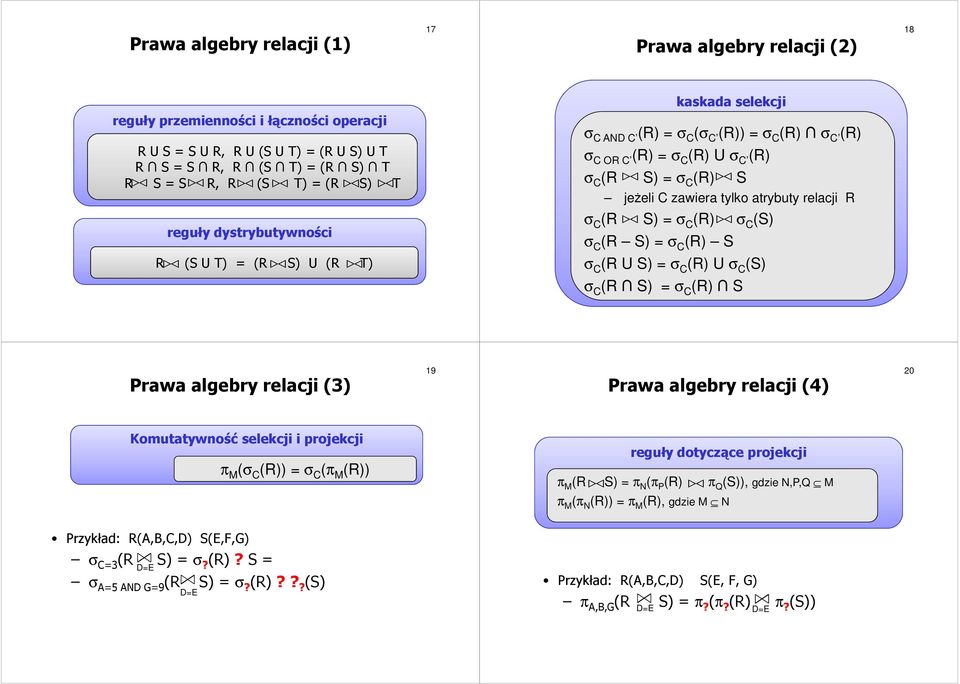 (R >< S) = C (R) >< S jeŝeli C zawiera tylko atrybuty relacji R C (R >< S) = C (R) >< C (S) C (R S) = C (R) S C (R U S) = C (R) U C (S) C (R S) = C (R) S Prawa algebry relacji (3) 19 Prawa algebry
