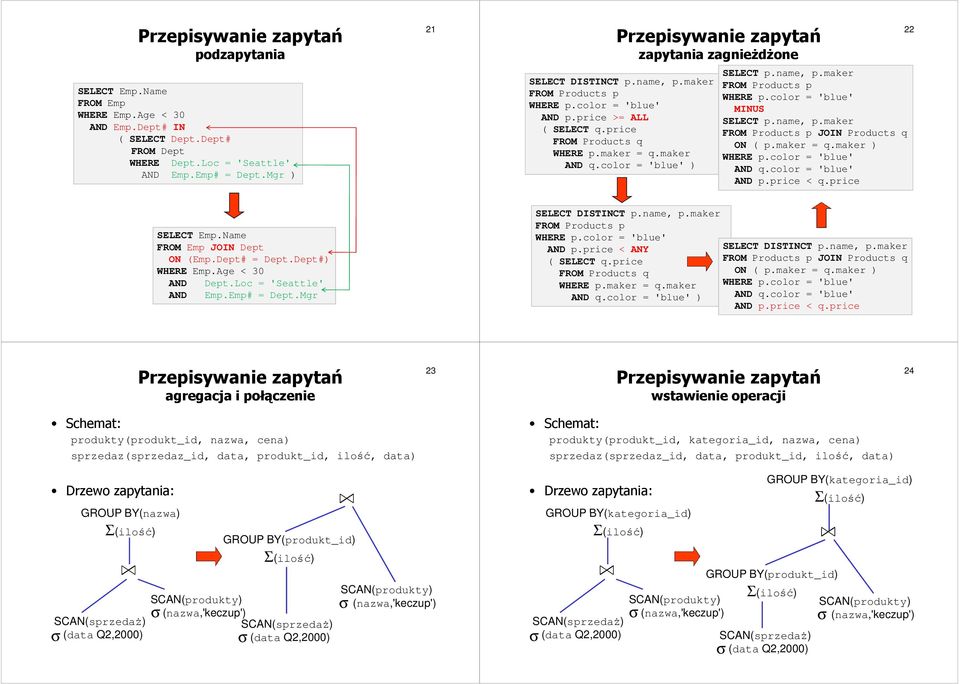 maker = q.maker ) AND q.color = 'blue' AND p.price < q.price 22 SELECT Emp.Name FROM Emp JOIN Dept ON (Emp.Dept# = Dept.Dept#) WHERE Emp.Age < 3 AND Dept.Loc = 'Seattle' AND Emp.Emp# = Dept.