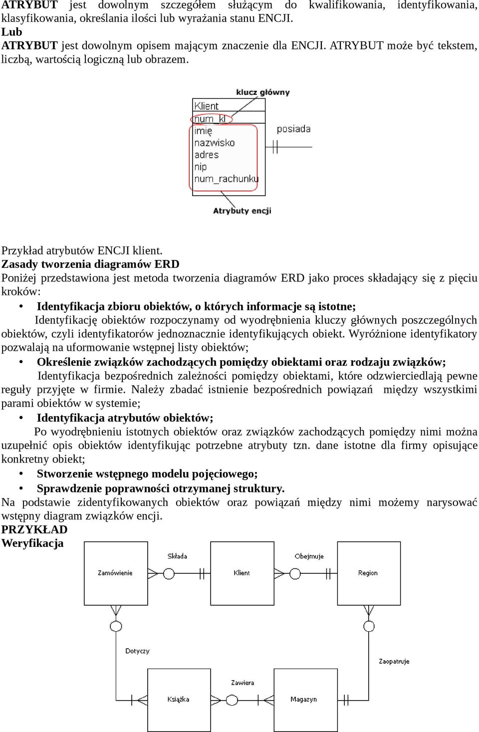 Zasady tworzenia diagramów ERD Poniżej przedstawiona jest metoda tworzenia diagramów ERD jako proces składający się z pięciu kroków: Identyfikacja zbioru obiektów, o których informacje są istotne;