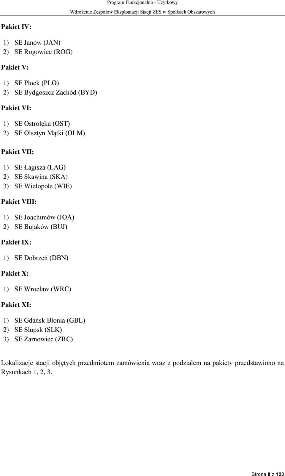 Bujaków (BUJ) Pakiet IX: 1) SE Dobrzeń (DBN) Pakiet X: 1) SE Wrocław (WRC) Pakiet XI: 1) SE Gdańsk Błonia (GBL) 2) SE Słupsk (SLK) 3) SE