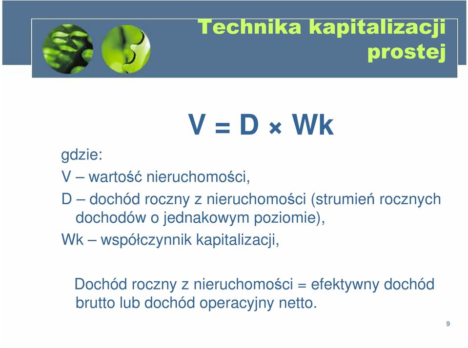 jednakowym poziomie), Wk współczynnik kapitalizacji, Dochód roczny z