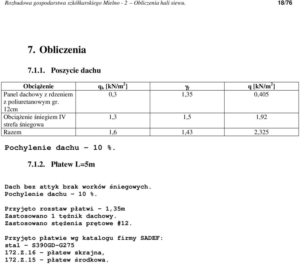 12cm ObciąŜenie śniegiem IV 1,3 1,5 1,92 strefa śniegowa Razem 1,6 1,43 2,325 Pochylenie dachu 10 %. 7.1.2. Płatew L=5m Dach bez attyk brak worków śniegowych.