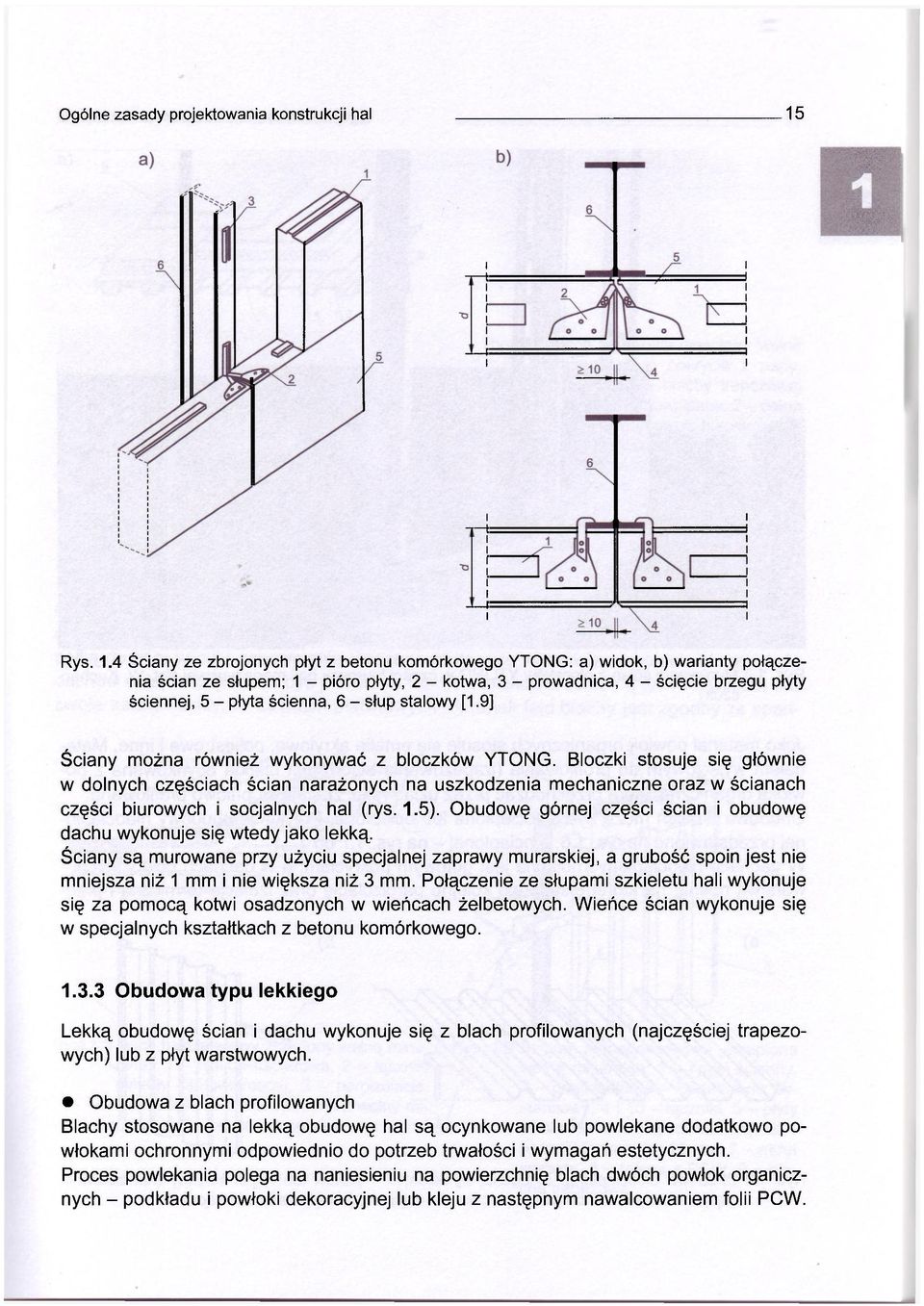 4 Ściany ze zbrojonych płyt z betonu komórkowego YTONG: a) widok, b) warianty połączenia ścian ze słupem; 1 - pióro płyty, 2 - kotwa, 3 - prowadnica, 4 - ścięcie brzegu płyty ściennej, 5 - płyta