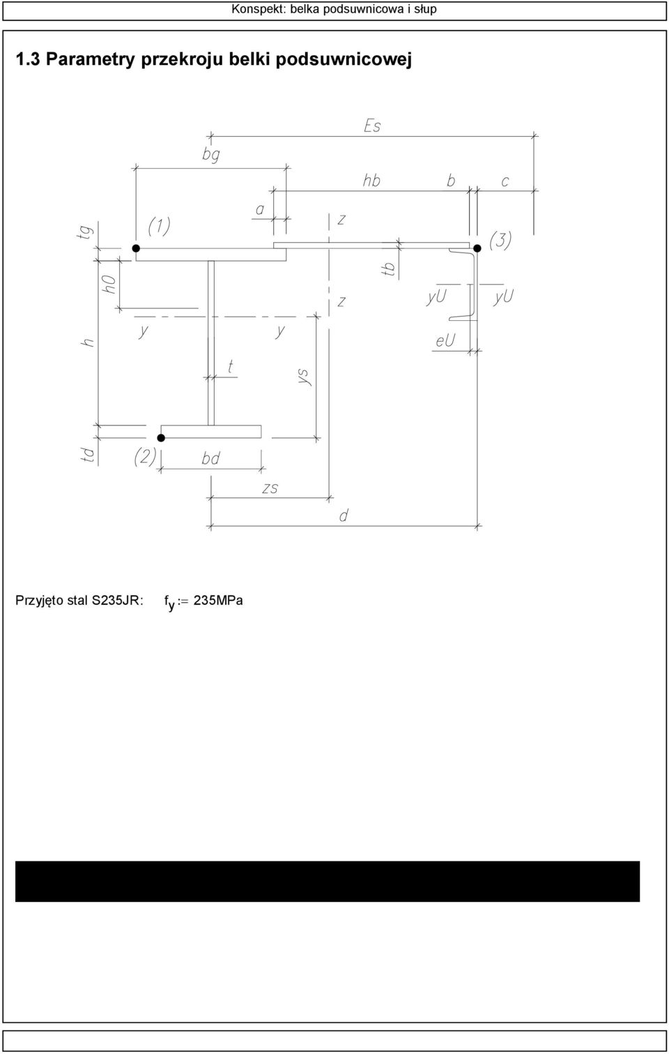 5bg + a 670mm Przyjęto ceownik U40 J Uy : 605cm 4 W Uy : 86.4cm J Uz : 6.7cm 4 eu :.75cm A U : 0.4cm h U : 40mm tw U : 7mm Przyjęto szynę SD75 m S : 0.