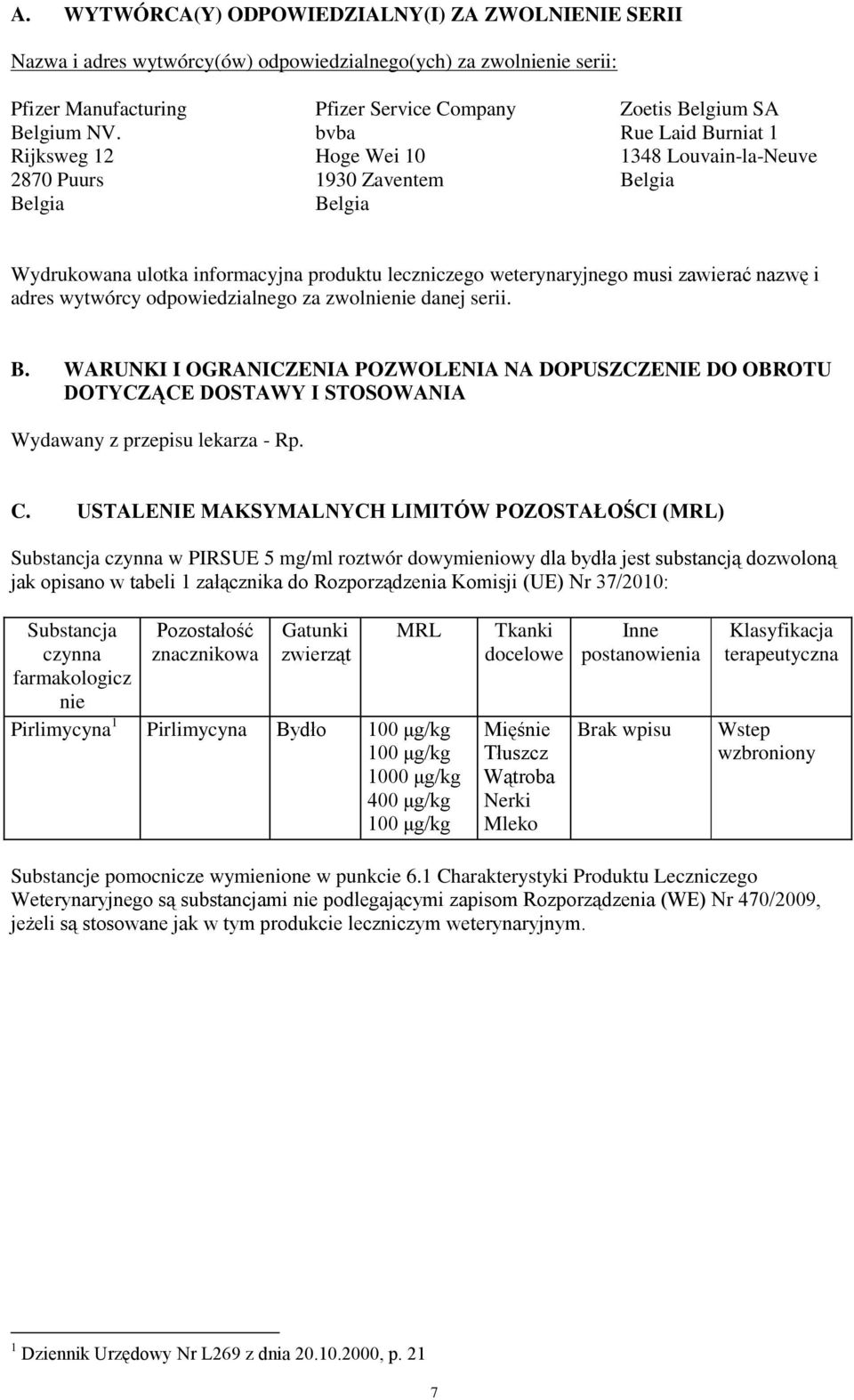 leczniczego weterynaryjnego musi zawierać nazwę i adres wytwórcy odpowiedzialnego za zwolnienie danej serii. B.