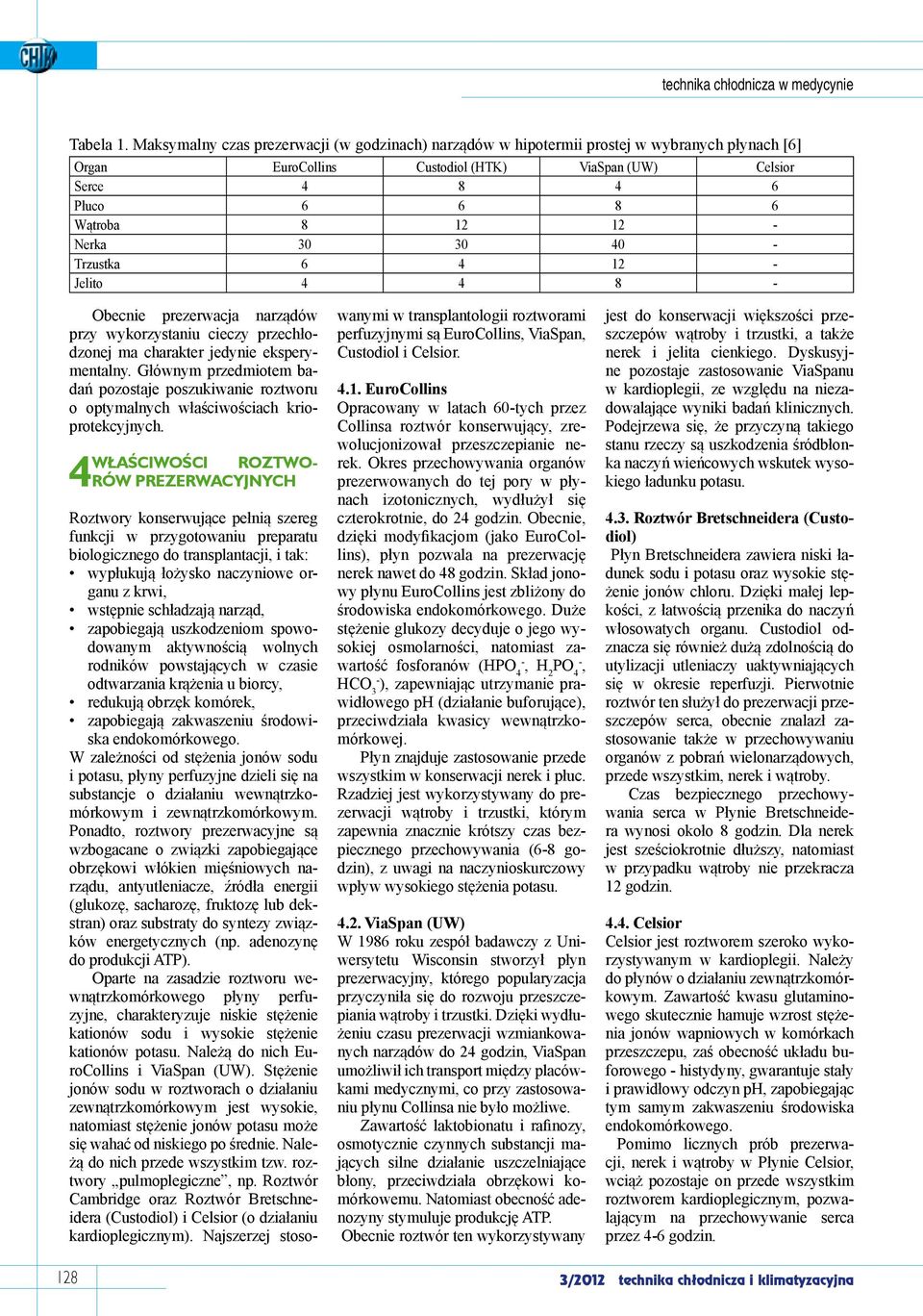Nerka 30 30 40 - Trzustka 6 4 12 - Jelito 4 4 8 - Obecnie prezerwacja narządów przy wykorzystaniu cieczy przechłodzonej ma charakter jedynie eksperymentalny.