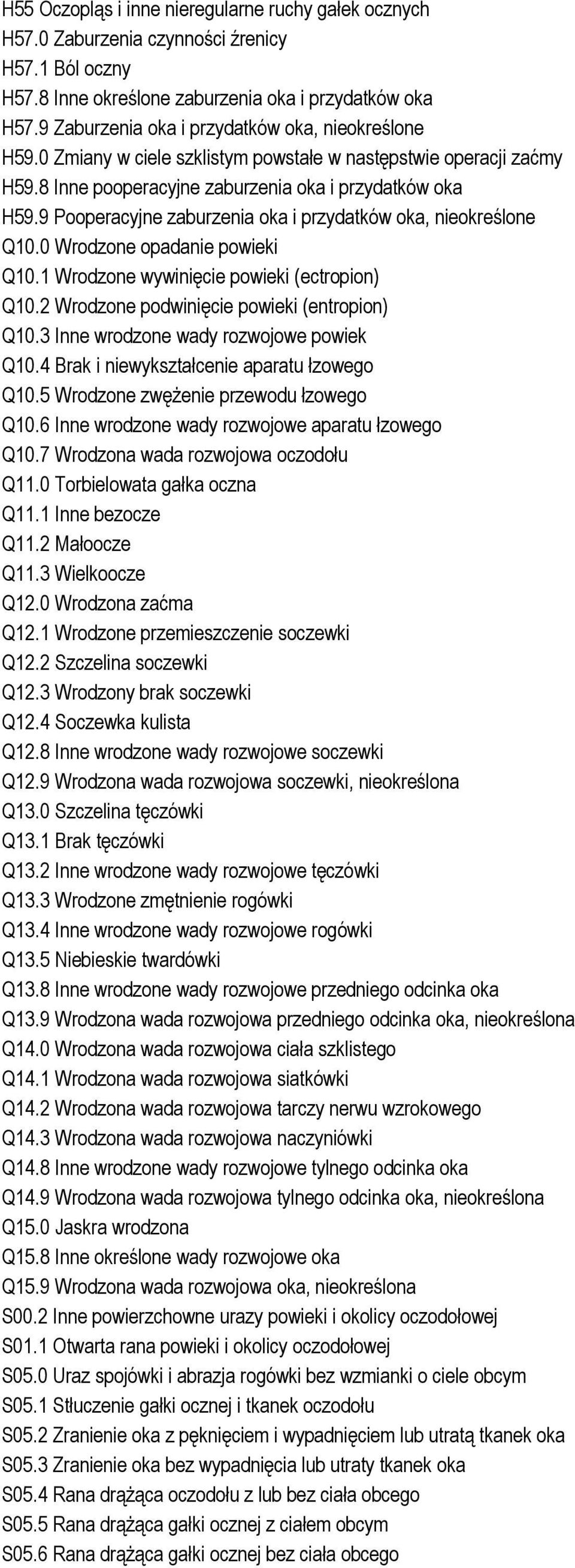 9 Pooperacyjne zaburzenia oka i przydatków oka, nieokreślone Q10.0 Wrodzone opadanie powieki Q10.1 Wrodzone wywinięcie powieki (ectropion) Q10.2 Wrodzone podwinięcie powieki (entropion) Q10.