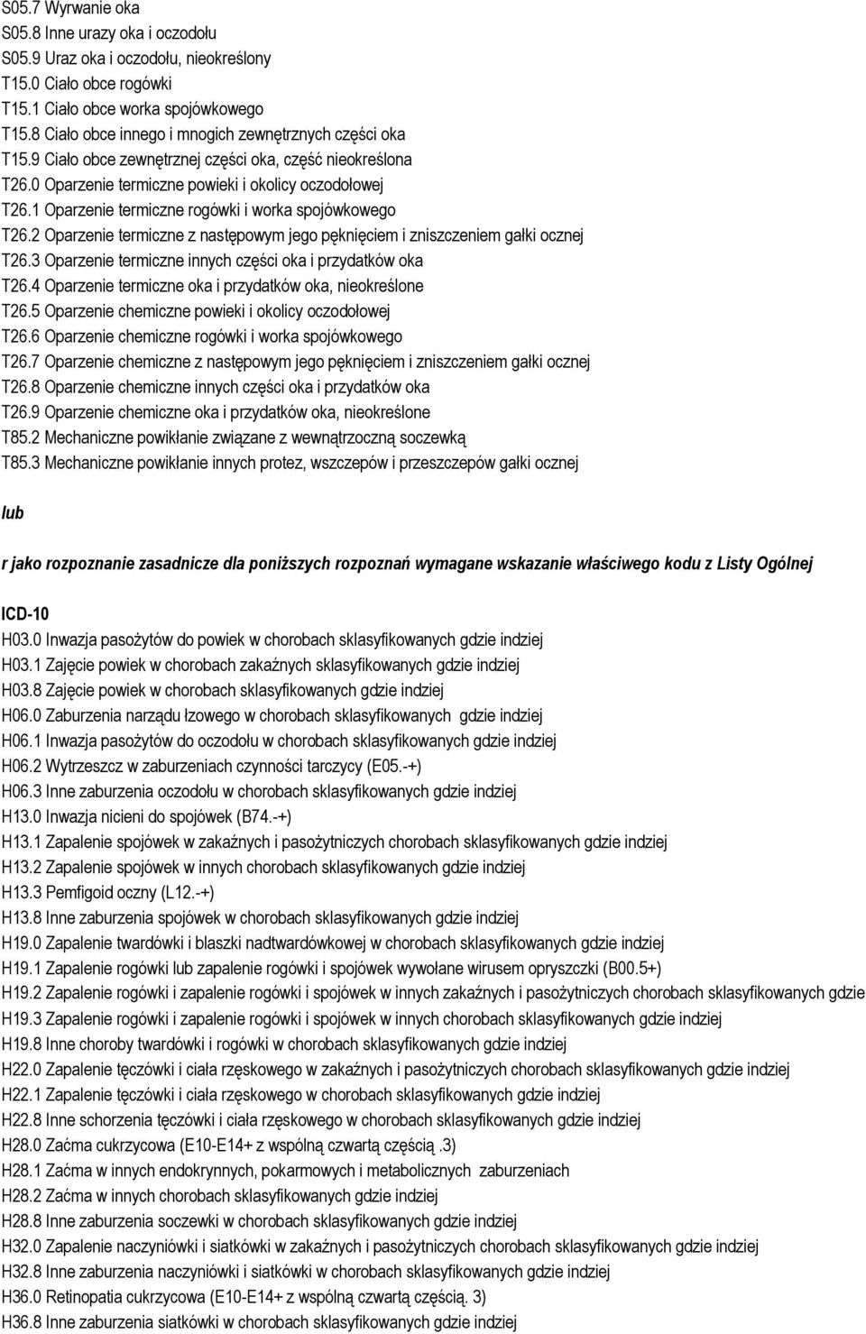 1 Oparzenie termiczne rogówki i worka spojówkowego T26.2 Oparzenie termiczne z następowym jego pęknięciem i zniszczeniem gałki ocznej T26.3 Oparzenie termiczne innych części oka i przydatków oka T26.