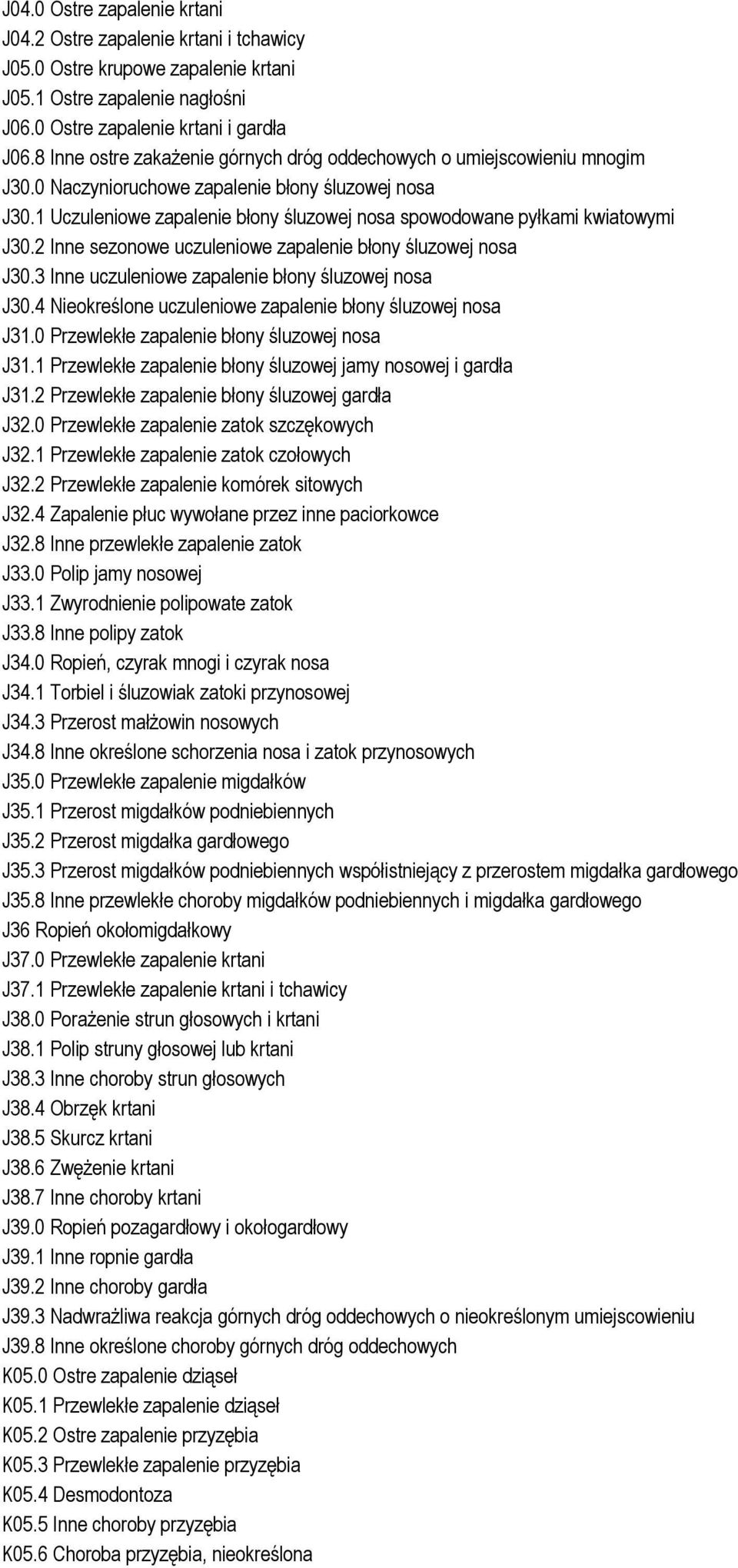 1 Uczuleniowe zapalenie błony śluzowej nosa spowodowane pyłkami kwiatowymi J30.2 Inne sezonowe uczuleniowe zapalenie błony śluzowej nosa J30.3 Inne uczuleniowe zapalenie błony śluzowej nosa J30.