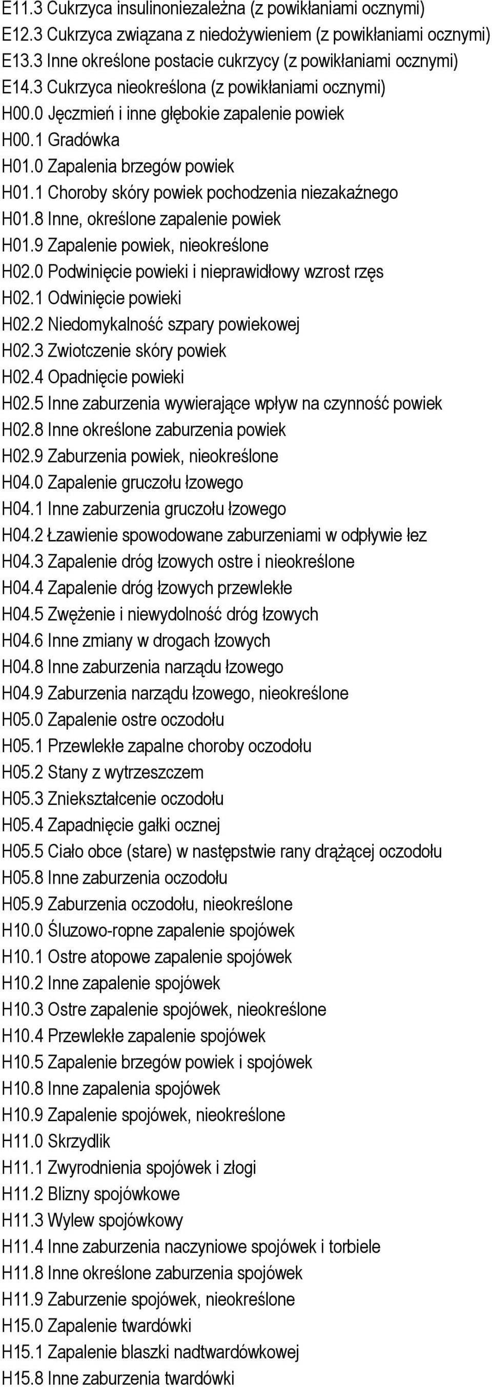 8 Inne, określone zapalenie powiek H01.9 Zapalenie powiek, nieokreślone H02.0 Podwinięcie powieki i nieprawidłowy wzrost rzęs H02.1 Odwinięcie powieki H02.2 Niedomykalność szpary powiekowej H02.