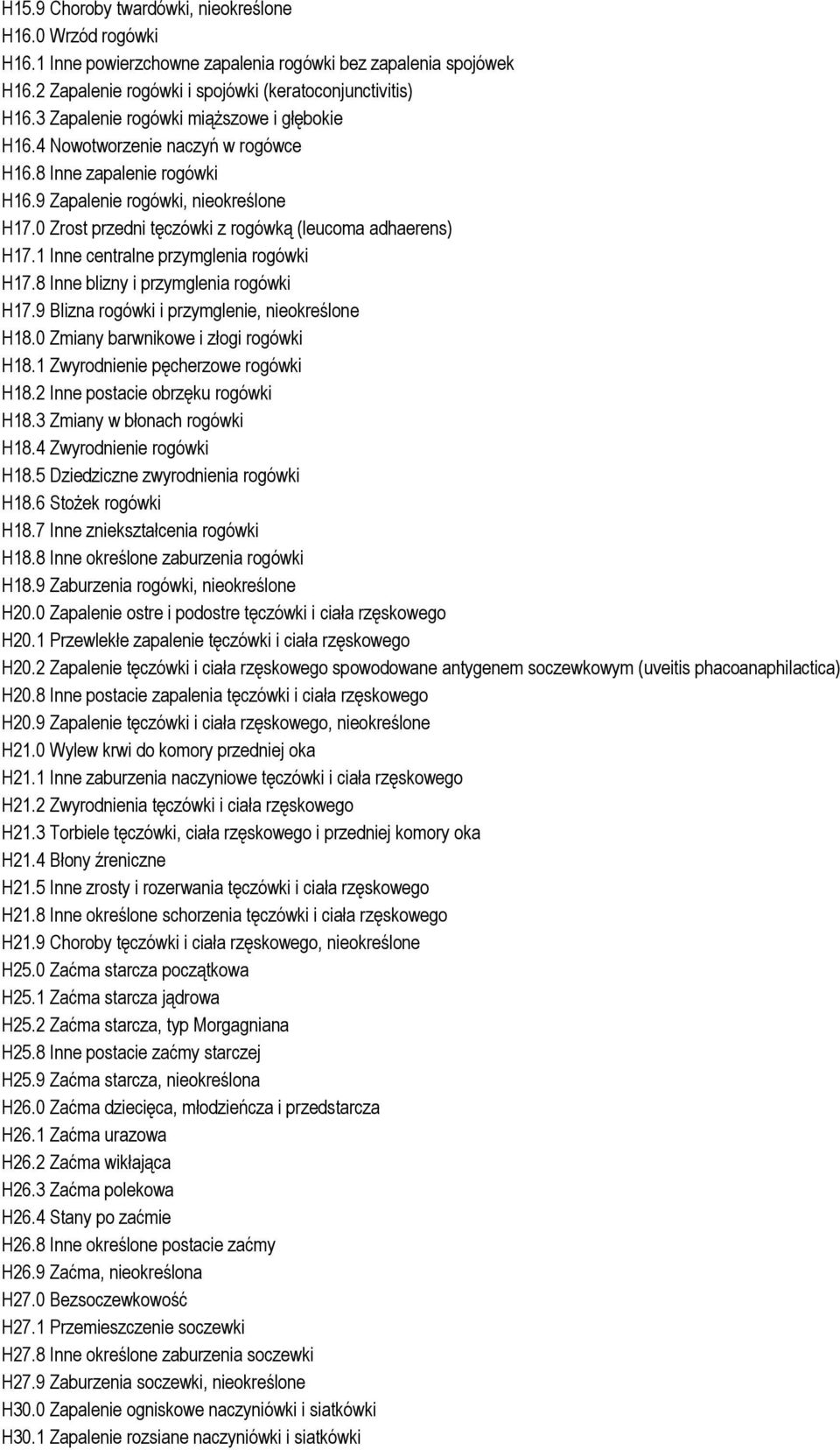 0 Zrost przedni tęczówki z rogówką (leucoma adhaerens) H17.1 Inne centralne przymglenia rogówki H17.8 Inne blizny i przymglenia rogówki H17.9 Blizna rogówki i przymglenie, nieokreślone H18.