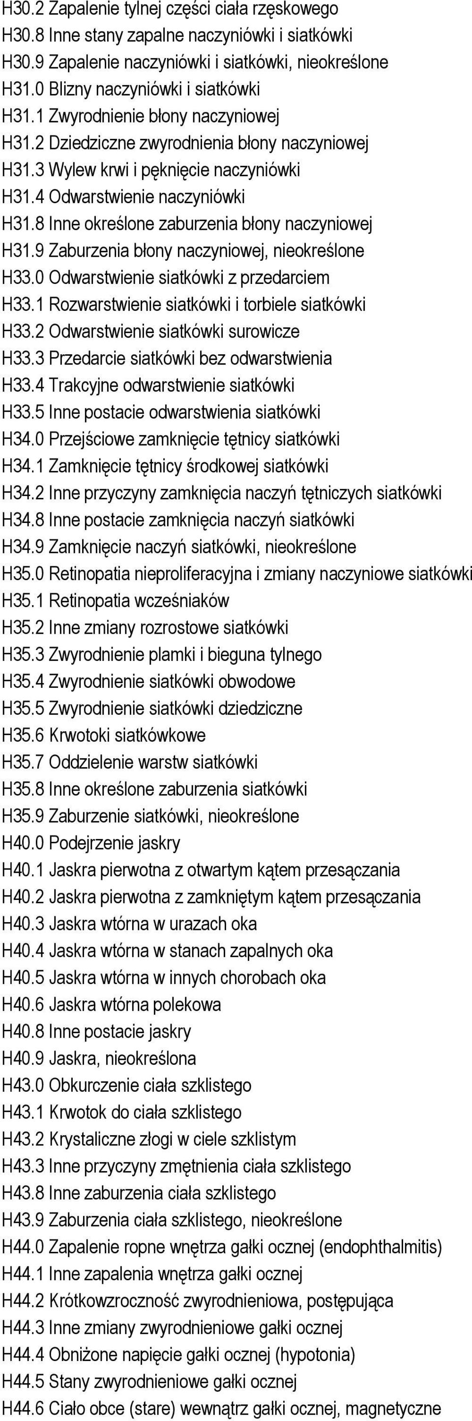 8 Inne określone zaburzenia błony naczyniowej H31.9 Zaburzenia błony naczyniowej, nieokreślone H33.0 Odwarstwienie siatkówki z przedarciem H33.1 Rozwarstwienie siatkówki i torbiele siatkówki H33.