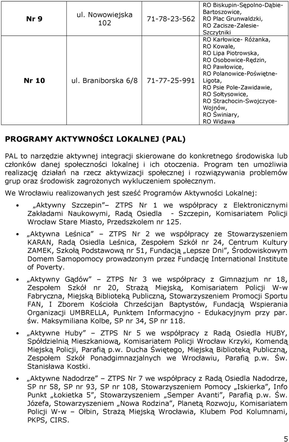 Pawłowice, RO Polanowice-Poświętne- Ligota, RO Psie Pole-Zawidawie, RO Sołtysowice, RO Strachocin-Swojczyce- Wojnów, RO Świniary, RO Widawa PROGRAMY AKTYWNOŚCI LOKALNEJ (PAL) PAL to narzędzie