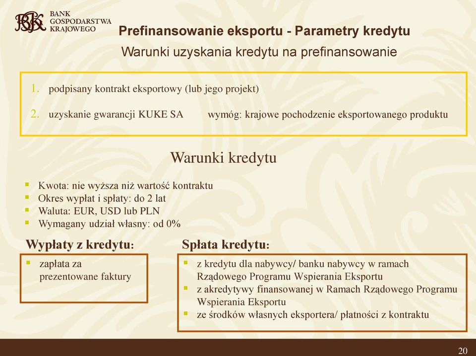 EUR, USD lub PLN Wymagany udział własny: od 0% Warunki kredytu Wypłaty z kredytu: zapłata za prezentowane faktury Spłata kredytu: z kredytu dla nabywcy/ banku